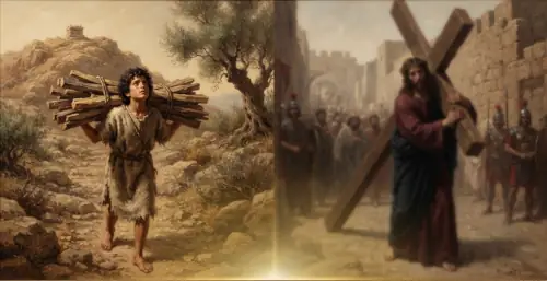 An oil painting divided into two contrasting yet connected scenes that mirror each other compositionally to show a biblical foreshadowing.On the left side, a young, barefoot Isaac with dark curly hair walks up a rocky, sunlit mountain path. He wears a simple, tattered tunic and carries a large bundle of sacrificial wood strapped across his back and shoulders. He looks up toward the summit with an expression of faithful innocence. An old olive tree stands to his right, and a small stone altar sits on the distant peak.On the right side, the scene transitions seamlessly into a more muted, dusty street where Jesus Christ carries a massive wooden cross on his shoulder. He has long dark hair, a beard, and wears a deep red robe over a blue garment. He is surrounded by blurred Roman soldiers and a crowd of onlookers as he makes his way toward Calvary.The two halves are joined by a soft vertical glow of light down the center, highlighting the parallel between Isaac carrying the wood for his own sacrifice and Christ carrying the cross.