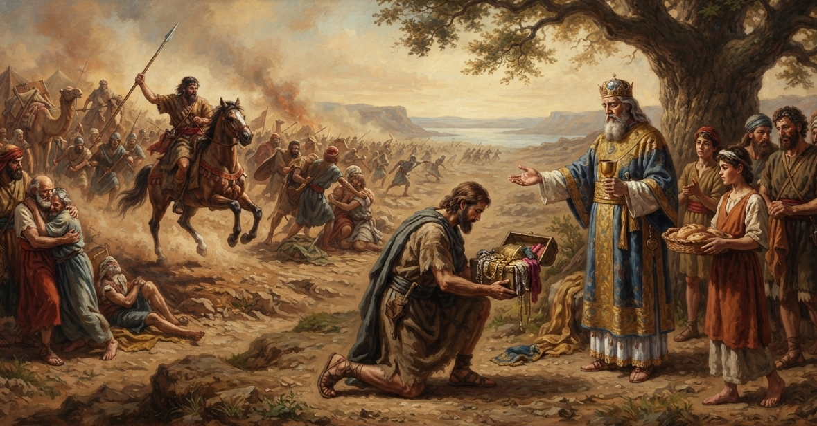 On the left, a dramatic battlefield scene unfolds, depicting Abraham's rescue of his nephew Lot from captivity following the Battle of Siddim. On the right, under the shade of a large oak tree, the narrative shifts to a peaceful and solemn encounter: Abraham kneels before Melchizedek, the enigmatic King of Salem and priest of God Most High. Melchizedek, dressed in regal blue and gold robes, extends a hand of blessing while holding a golden cup, as attendants carry bread. In return, a humble Abraham offers a chest filled with a tenth of the recovered spoils, symbolizing the biblical origin of the tithe.