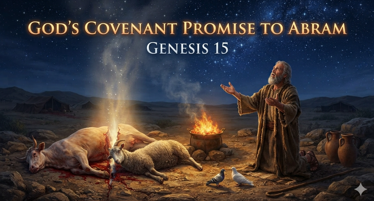 An elderly man with a long grey beard and hair kneels on the rocky desert floor at night, his hands raised in awe toward a vast, star-filled sky. He wears a simple, rough brown robe.In the foreground, several sacrificed animals—a cow, a ram, and a goat—are laid out, cut in half down the middle. Two birds sit calmly on the ground nearby. A glowing, mystical column of light and smoke rises from between the divided animal pieces, while a separate fire burns within a small stone brazier behind them.The background shows a dark desert landscape under a deep blue night sky shimmering with countless stars and the faint glow of the Milky Way. Across the top of the sky, glowing golden text reads: 'GOD'S COVENANT PROMISE TO ABRAM' with 'GENESIS 15' written directly beneath it.