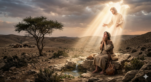 An emotionally resonant, cinematic digital painting depicting Genesis 16. In a sun-drenched, desolate desert, Hagar sits weeping near a small spring of water under a lone acacia tree. Strong beams of heavenly light break through heavy clouds, revealing the comforting, ethereal silhouette of the Angel of the Lord reaching out toward her in compassion.