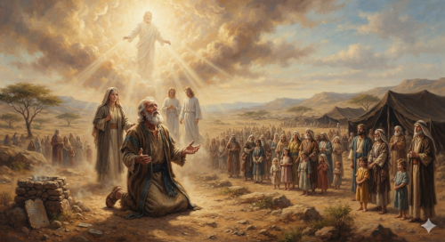 An oil-painting style image depicting a biblical scene from Genesis 17, featuring an elderly Abraham in robes kneeling in a rocky desert landscape with his hands raised in reverence toward a bright celestial light radiating from a figure in the clouds above. He is accompanied by a woman and two figures in white robes, while a large gathering of men, women, and children look on from a campsite with dark tents in the background.
