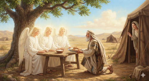 A wide-angle, classical biblical painting depicting Abraham's hospitality to the three angels beneath the oaks of Mamre from Genesis Chapter 18.On the left side of the scene, three angelic figures with long, flowing blonde hair, faint glowing halos, and large white feathered wings sit at a simple wooden table. They wear pristine white robes and look kindly toward the center.In the center, an elderly, bearded Abraham in traditional tan and brown flowing robes kneels on the dry ground, humbly offering a platter of freshly baked flatbread to his celestial guests. They sit under the shade of a massive, ancient oak tree with thick roots and dense green leaves.On the right side, Sarah smiles warmly as she peeks out from the opening of a large, rugged fabric tent, observing the interaction. The background opens up to a vast, sunlit desert landscape under a clear blue sky, with rolling hills and a few distant tents scattered across the terrain.