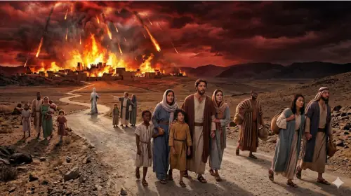 A powerful and cinematic wide-angle painting depicting the dramatic narrative of Genesis Chapter 19. In the background, a massive ancient stone city is decimated by an apocalyptic storm, with torrents of fire and sulfur raining down from swirling, pitch-black smoke clouds illuminated by a fierce orange and crimson glow. In the rugged, rocky foreground, a multi-ethnic family of diverse heritages urgently flees the cataclysm. They wear simple, weathered, draped robes suitable for ancient times. A man leads his family down a steep, dust-covered mountain pathway away from the danger. Further back along the same path, a woman stands frozen in place, her entire body completely transformed into a crystalline, glowing white pillar of salt as she turns back to gaze at the burning city behind them. The lighting creates a heavy contrast between the terrifying, blinding firelight of the city and the deep, protective shadows of the mountain sanctuary ahead.