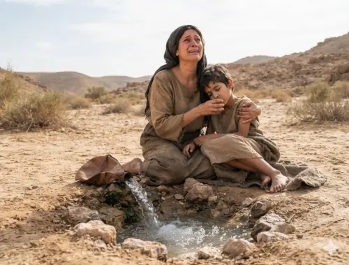 After being sent away into the desert by Abraham and Sarah, their water ran out, and Hagar despaired, placing Ishmael under a bush because she could not bear to watch him die. God heard the boy's cries, sent an angel to comfort Hagar, and opened her eyes to reveal a life-saving well of water in the wilderness. A classical, highly detailed oil painting depicting the theme of divine provision and faithfulness from Genesis Chapter 21.Foreground: A clear, fresh spring of water bubbles up dynamically from the cracked, dry desert sand, forming a small pool and giving life to patches of vibrant green grass around it. Next to the pool, an empty, ancient clay water jug lies tilted on its side, symbolizing the transition from emptiness to overflowing provision.Background: The scene is set in a vast, sun-drenched desert with rolling sand dunes stretching toward the horizon.Lighting and Atmosphere: Divine, golden rays of sunlight break through soft, parted clouds above, casting a warm, ethereal glow over the oasis. The lighting creates a profound sense of hope, peace, and answered prayer, beautifully illustrating God's promise and timely intervention in the wilderness.