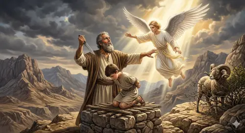 An evocative, cinematic landscape depicting the core narrative of Genesis Chapter 22, the Binding of Isaac. An elderly Abraham stands on a rugged mountain summit in the ancient wilderness alongside a crudely built stone altar. His young son Isaac is kneeling nearby on the rocky ground.From a breakthrough in the dramatic cloud cover overhead, a magnificent angel with glowing, broad wings descends in a beam of heavenly sunlight, gently reaching forward to stay Abraham's movement. In the background, a ram is visible, caught by its horns in a thicket. The landscape is vast, rocky, and bathed in a golden, dramatic atmosphere that conveys a profound sense of absolute faith, obedience, and divine intervention.