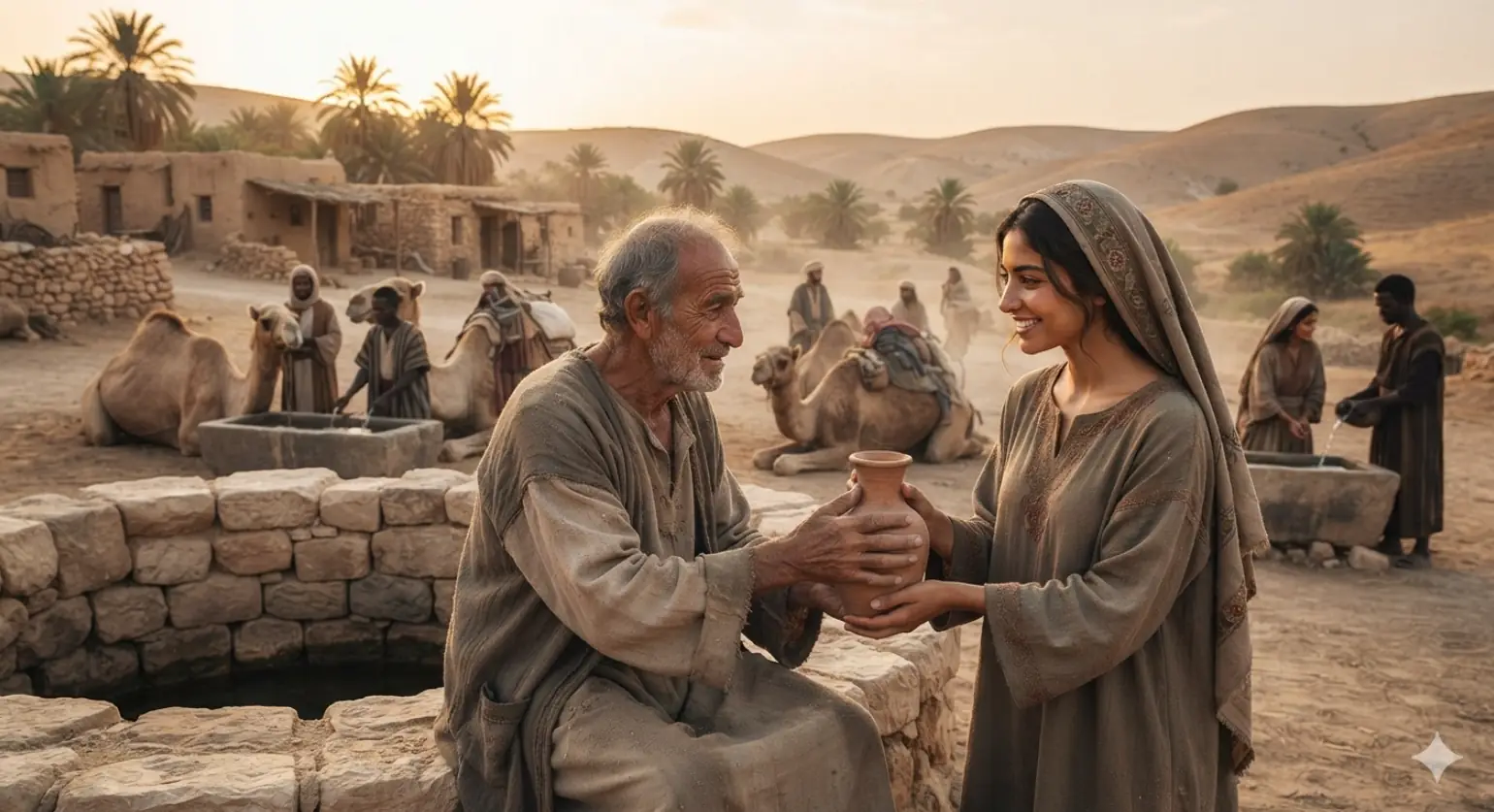 A wide-angle, cinematic photograph captures a bustling, ancient Middle Eastern village scene at sunset, depicting a diverse, multi-ethnic community.In the immediate foreground, an elderly Middle Eastern man with a weathered face, gray hair, and a kind expression sits on the edge of a rustic, circular stone well. He holds a large, clay water jug with both hands, gently offering it to a young woman standing before him. The young woman, of mixed Hispanic and Middle Eastern descent, smiles warmly with a look of genuine kindness and hospitality. She wears a flowing, earth-toned tunic and a matching headscarf that drapes over her shoulders, her hands lightly supporting the jug as she receives it.The background opens up to a sprawling desert landscape bathed in the warm, golden glow of the setting sun. Soft, rolling sand dunes and scattered palm trees dot the horizon. Throughout the village square, several other individuals of varying Black, North African, and Middle Eastern ethnicities are seen interacting. To the left, a man guides a camel toward a stone water trough, while another camel rests on the sandy ground nearby. To the right, another man and woman stand near a second stone trough, engaged in conversation. The architecture consists of simple, mud-brick and stone dwellings typical of ancient settlements, creating a timeless atmosphere of community, providence, and shared labor.